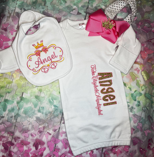 Embroider Baby Gowns with Bib and hair bow band